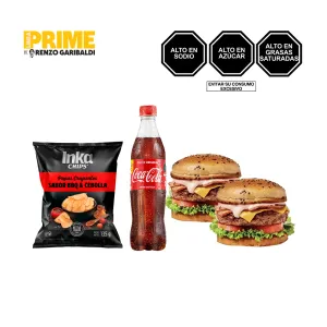 Pack (2 Hamburguesa Prime de Res Tocino Queso + 1 Gaseosa Coca Cola 600 ml + 1 Papas Inka Chips Cebolla Caramel BBQ 135 gr)