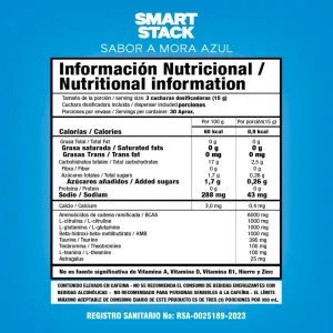 BEBIDA ENERGIZANTE POLVO SMART STACK MORA AZUL SMART NUTRITION  450GR POLVO
