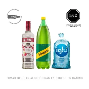 Pack (1 Schweppes Ginger Ale x 1.5 Lt + 1 Vodka Smirnoff Raspberry x 700 Ml + Hielo 1.5 Kg)