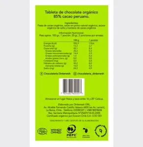 Barra 85% de cacao. Orgánicos/Veganos
