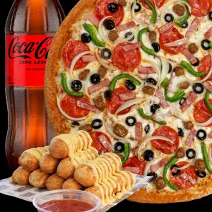 Combo especial de una pizza especial con unos palitos de ajo o canela además de una bebida de 1.5L