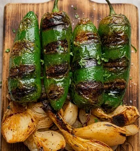 Chiles toreados y cebollita asada