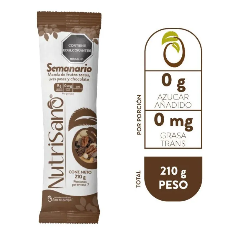 Mezcla frutos secos uvas pasas y chocolate nutrisano seminario x 210 grs