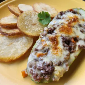 Zapallo italiano relleno con papas rusticas
