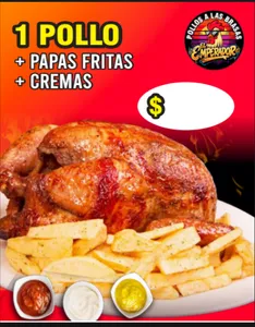 1 pollo + papas fritas + ensalada + bebida 1 1/2 litro + cremas