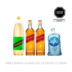 Pack (2 Whisky Johnnie Walker Red Label 750ml + 1 Schweppes Citrus 1.5 Lt + 1  Hielo Iglu 1.5 Kg)