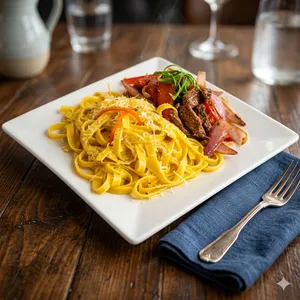 Fetuccini a la Huancaina con Lomo