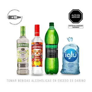 Pack (Vodka Smirnoff green Apple 700 ml + Vodka Smirnoff Tamarindo 700 ml + Bebida Evervess Carbonatada 1.5 L + Hielo Iglú Bolsa 1.5 Kg)