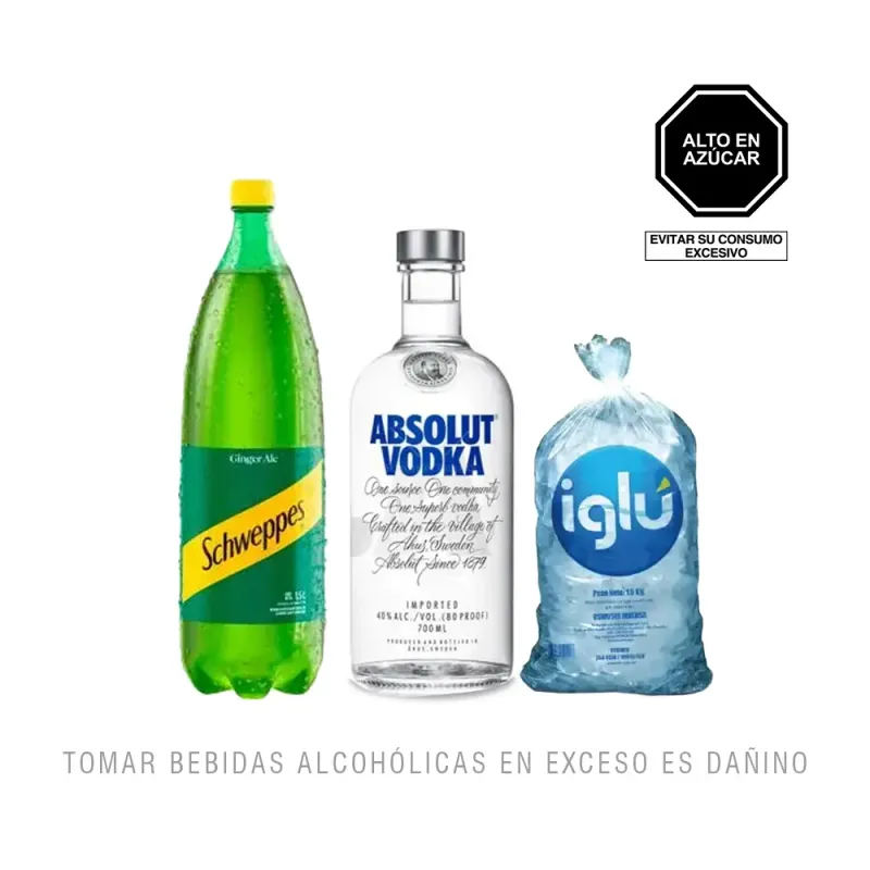 Pack (1 Schweppes Ginger Ale x 1.5 Lt + 1 Vodka Absolut x 700 Ml + Hielo 1.5 Kg) Pack (1 Schweppes Ginger Ale x 1.5 Lt + 1 Vodka Absolut x 700 Ml + Hielo 1.5 Kg)