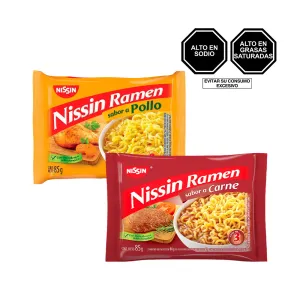 Pack (1 Nissin Sopa Ramen Pollo x 85 g + 1 Nissin Sopa Ramen Carne x 85 g)
