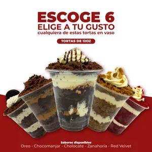 Escoge 6 tortas en vaso (12oz)