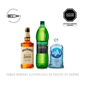 Pack (1 Whisky Jack Daniels Honey x 750 Ml + 1 Evervess x 1.5 Lt + 1 Hielo 1.5 Kg)
