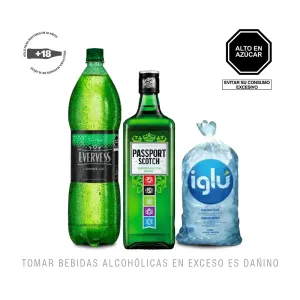 Pack (Whisky Passport 700 ml + Bebida Evervess Carbonatada 1.5 L + Hielo Iglú Bolsa 1.5 Kg)