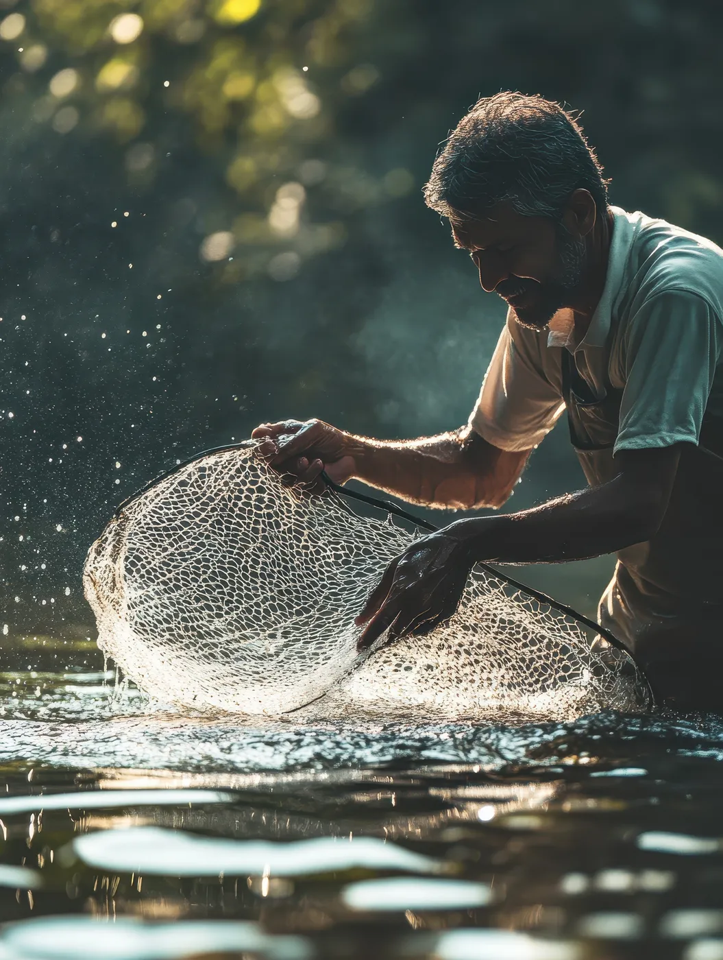 Escena de pesca artesanal en aguas naturales con luz cálida