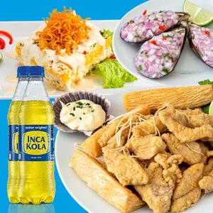 Porción de choros + Causa de cangrejo acevichada + Chicharrón de pescado + gaseosa