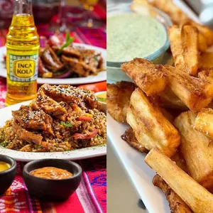 Entrada (Yuca Frita con salsa )+Fondo (Arroz 3 sabores con salsa huancaína)