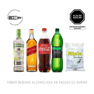 Pack (1 Vodka Smirnoff Green Apple x 700 ml + 1 Johnnie Walker Red 750ml + 1 Evervess x 1.5 Lt + 1 Coca Cola 1Lt + 1 Hielo Frioricos x 1.5 Kg)