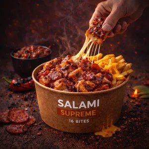 pizza bites salami picante con queso derretido y papas con cheddar