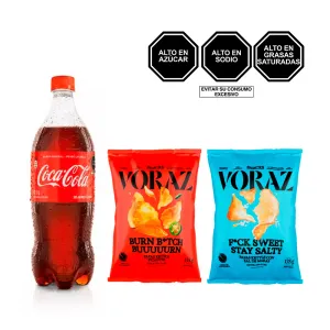 Pack (1 Papas Nativas Voraz Picante 135Gr + 1 Papas Nativas Voraz Sal Maras 135Gr + 1 Gaseosa Coca Cola 1 Lt)
