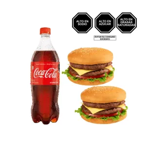 Pack (1 Coca Cola x 1 Lt + 2 Hamburguesa Doble Con Queso)