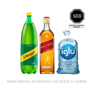 Pack (1 Schweppes Ginger Ale x 1.5 Lt + 1 Whisky Johnnie Walker Red Label x 750 Ml + Hielo 1.5 Kg)
