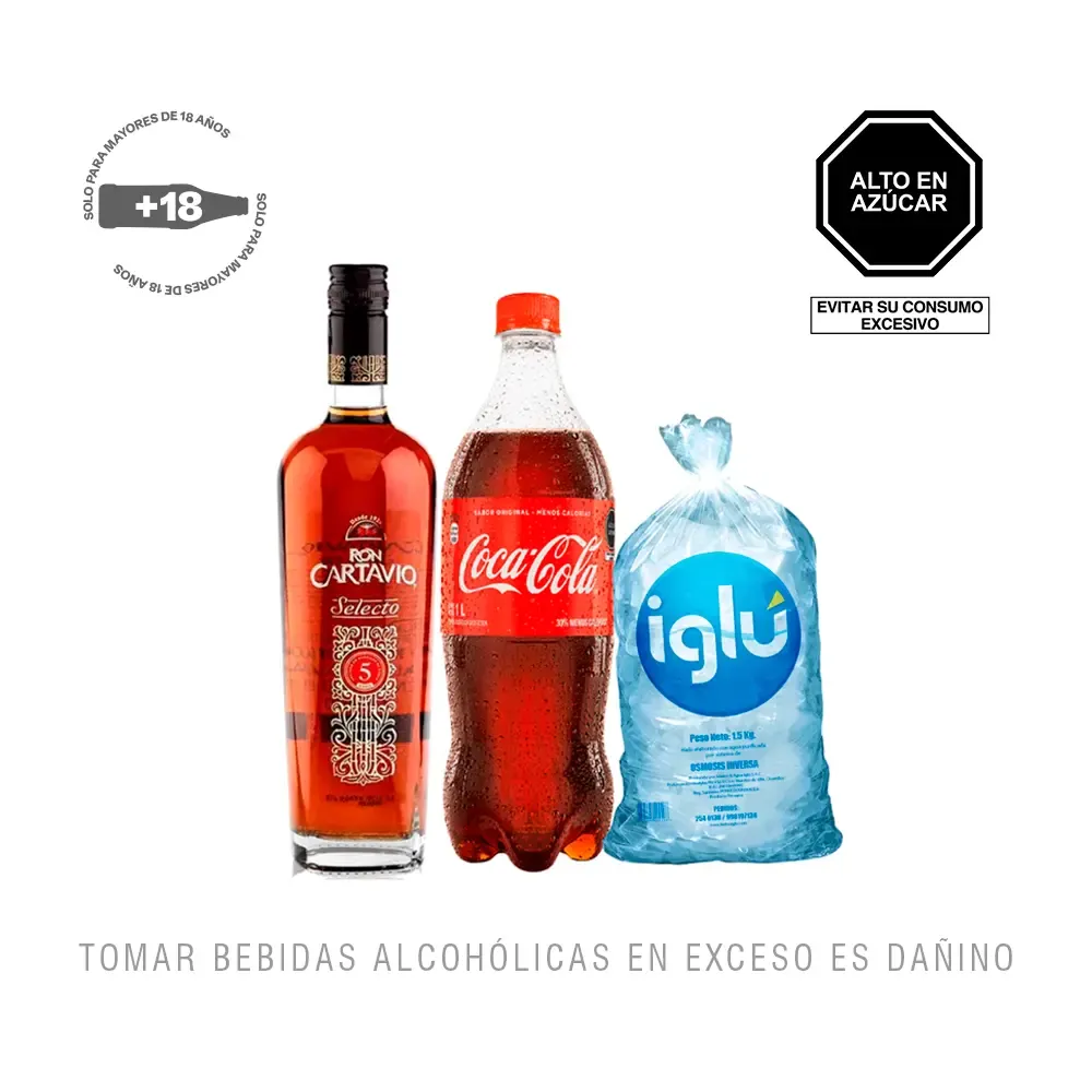 Pack (1 Coca Cola x 1 Lt + 1 Ron Cartavio Selecto 5 Años x 1 Lt + Hielo ...