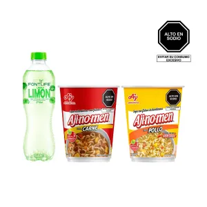 Pack (Sopa Ajinomen Sabor Carne Con Fideos Vaso 50 Gr + Sabor Pollo + Agua Saborizada Fontlife Limón Con Gas 650 Ml)