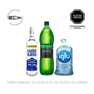 Pack (1 Vodka Russkaya x 750 Ml + 1 Evervess x 1.5 Lt + Hielo 1.5 Kg)