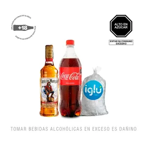 Pack (1 Ron Captain Morgan 700 Ml + 1 Coca Cola 1 Lt + 1 Hielo 1.5 Kg)