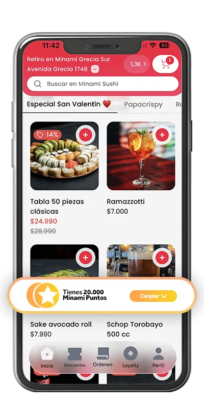 Aplicación móvil de Minami Sushi para realizar pedidos y acumular puntos