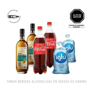 Pack (2 Ron Dos Maderos 750 ml +  2 Coca Cola 1Lt + 2 Hielo)