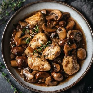 Pollo con champiñon + entrada y postre.