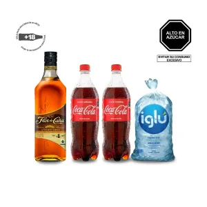 Pack (Ron Flor de Caña 4 YO Garrafa 1.75 lt + 2  Gaseosa Coca Cola 1 Lt  + Hielo)