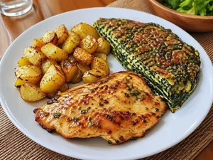 Pollo a la Plancha con Tortilla de Acelga y Papas Doradas