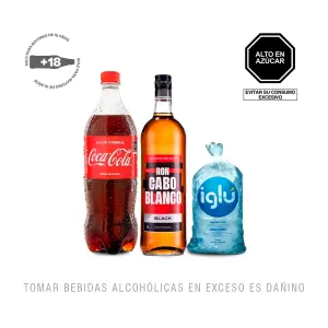 Pack (1 Coca Cola x 1 Lt + 1 Ron Cabo Blanco Black x 1 Lt + 1 Hielo 1.5 Kg)