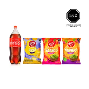 Pack (1 Nacho Jappy Snack Original X 200 Gr + Nachos Jappy Snack Picantes X 200 Gr + 1 Mix Pikeo Jappy Snack Original X 200 Gr + 1 Gaseosa Coca Cola X 2.25 Lt)