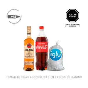 Pack (1 Ron Bacardi Carta Oro x 750 Ml + 1 Hielo 1.5 Kg + 1 Coca Cola Sin Azúcar x 1.5 Lt)