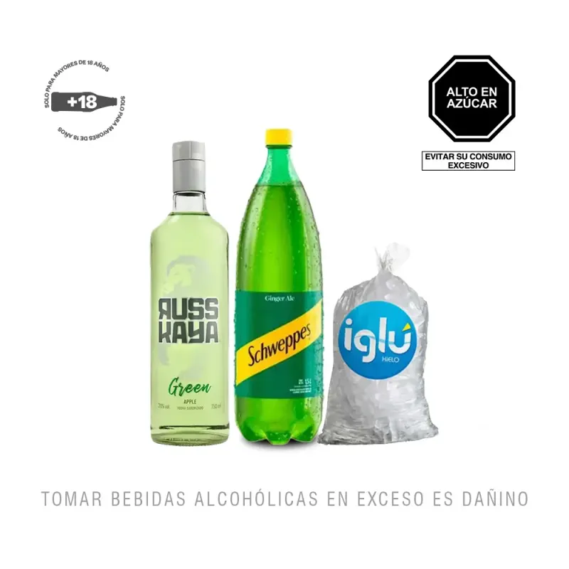 Pack (1 Vodka Russkaya Green Apple 750ml + 1 Schweppes Ginger Ale 1.5Lt + 1 H.)