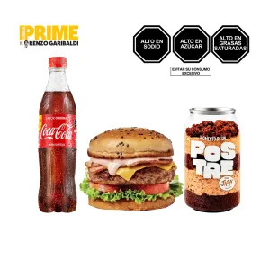 Pack (1 Hamburguesa Prime de Res Tocino Queso + 1 Gaseosa Coca Cola 600 ml + 1 Torta Chocolucuma 12 Oz)