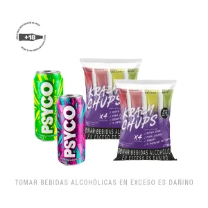 Pack (1 Rtd Psyco Berry Crush 473Ml + 1 Rtd Psyco Green Apple 473Ml + 2 Krazy Chups 8% Alcohol Sabores Varios)