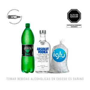 Pack (1 Vodka Absolut X 700 Ml + 1 Hielo + 1 Evervess 1.5Lt)