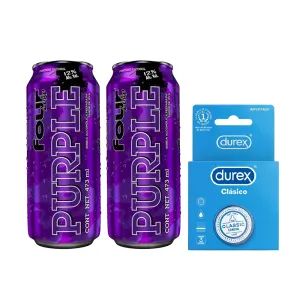 Pack (2 RTD Four Loko Purple 473 ml + 1 Preservativo Durex Clásico 3und)