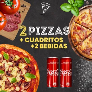 2 pizzas + 2 bebidas en lata $19.990