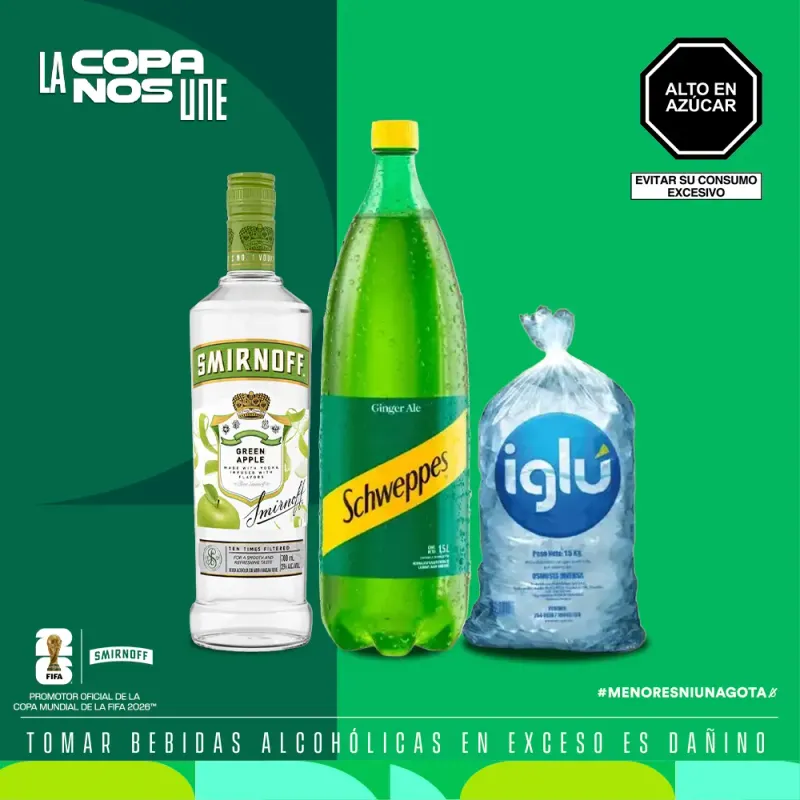 Pack (1 Schweppes Ginger Ale x 1.5 Lt + 1 Vodka Smirnoff Green Apple x 700 Ml + Hielo 1.5 Kg) Pack (1 Schweppes Ginger Ale x 1.5 Lt + 1 Vodka Smirnoff Green Apple x 700 Ml + Hielo 1.5 Kg)