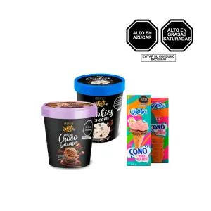 Pack (1 Helado Gelatico Premium Cookies & Cream 450 ml + 1 Helado Gelático Chocobrownie 450ml + 1 Conos para helado Gelático CJ 6Und)