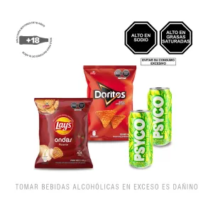 Pack (2 RTD Psyco Funky Green Apple Alcohol 12% x 473 ml + 1 Doritos Queso Atrevido x 145 g + 1 Papas Lays Ondas Picante x 130 g)