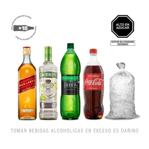 Pack (1 Vodka Smirnoff Green Apple x 700 ml + 1 Johnnie Walker Red 750ml + 1 Evervess x 1.5 Lt + 1 Coca Cola 1Lt + 1 Hielo Del Valle Bolsa x 1.5 Kg)