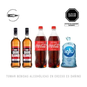 Pack (2 Ron Cabo Blanco Black 900 ml + 2 Coca Cola 1 Lt + 1 Bolsa de Hielo)