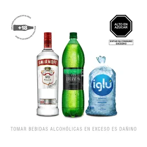 Pack (1 Vodka Smirnoff Red 1 Lt + 1 Bebida Carbonatada Evervess X 1.5 Lt + 1 Hielo Iglu Bolsa X 1.5 Kg)