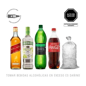 Pack (1 Vodka Smirnoff Green Apple x 700 ml + 1 Johnnie Walker Red 750ml + 1 Evervess x 1.5 Lt + 1 Coca Cola 1Lt + 1 Hielo Del Polo x 1.5 Kg)